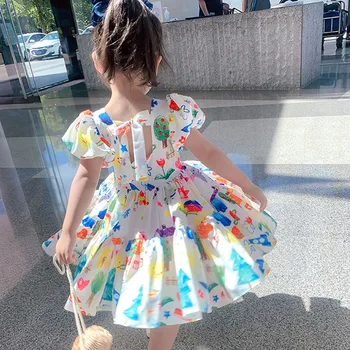 Yaz kız elbisesi 2022 Yeni Puf Kollu Rahat Karikatür Parti Prenses Elbise Sevimli çocuk giyim Bebek Çocuk Kız Giyim
