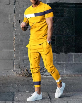 Yaz Spor Takım Elbise Kısa Kollu T Gömlek Uzun pantolon Erkekler 2 Parça Setleri erkek eşofman 3D baskılı Rahat Eğilim Büyük Boy Elbise