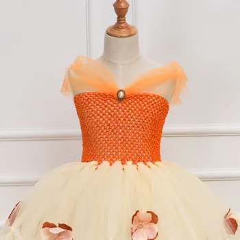 Yaz Turuncu Canlılık Kolsuz Asılı Boyun Tarzı kızın Tatlı Çiçek Net İplik Doğum Günü Partisi Tulum Prenses Elbise
