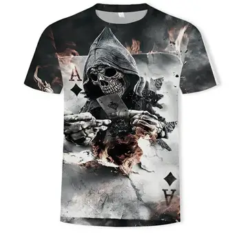 Yaz Yeni erkek tişört 3D Kafatası ve Poker Moda Kısa kollu Üstleri Sokak Yuvarlak Boyun T-shirt Unisex günlük t-shirt