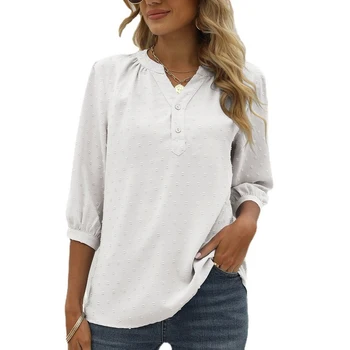 Yaz Zarif Ofis Gömlek Kadın Gevşek Üstleri Katı Bluzlar Kadınlar için Moda V Boyun 3/4 Kollu Casual Şifon Bluz 21928