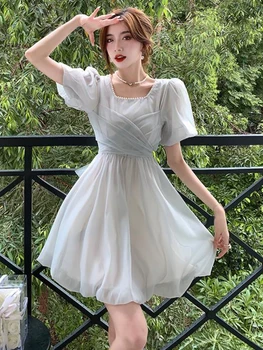 Yaz Şifon Peri Kawaii Elbise Kadınlar Katı Seksi Vintage Parti Mini Elbise Kadın Rahat Kore Moda Yay Zarif Elbise 2022