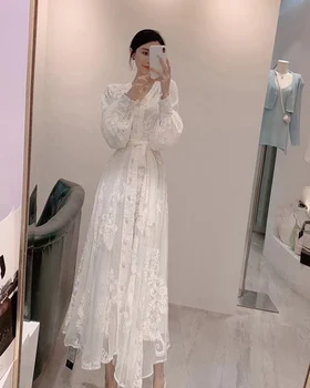 Yeni 2021 Moda Tasarımcısı Elbise kadın Beyaz Nakış Fener Kollu Tek göğüslü Lace up Parti Maxi Elbise