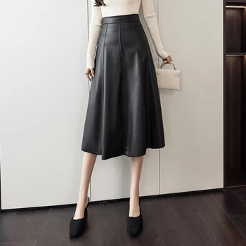 Yeni 2022 Sonbahar Kış Uzun PU Deri Etek Kadın Kore Moda Patchwork Yüksek Bel Bir Çizgi Etek Siyah Haki Bej Jupe Femme