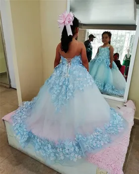 Yeni Bebek Kız Elbise için Parti 3D Çiçek Aplikler Çiçek Kız Elbise Sheer Boyun Kız doğum günü elbiseleri Pageant elbise