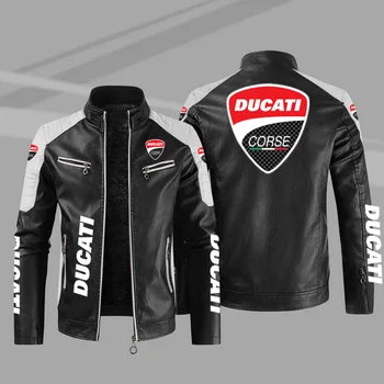 Yeni erkek PU Deri Kış Ducati Motosiklet Logosu Moda Motosiklet Bombacı fermuarlı ceket Dış Giyim Sıcak Tutmak Erkek Ceket