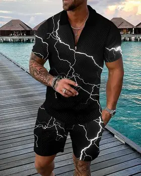 Yeni erkek Yaka Fermuar Gömlek kısa kollu tişört + şort Moda Spor Baskı Şerit Spor Polo Seti Rahat 2 parça Set