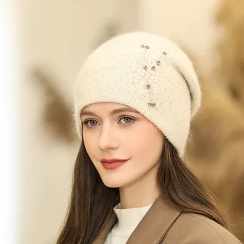 Yeni Kadın Kış Şapka Moda Rhinestones Bere Şapka Tavşan Kürk Karışımı Kalın Sıcak Kap Kadın Casual Streetwear Örme Şapka