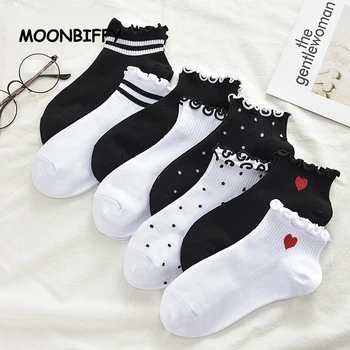 Yeni Kadın Pamuk Rahat Beyaz Siyah Çorap Kızlar Sevimli Kıvrımlı Ayak Bileği Çorap Çizgili Nokta Kalp Kısa Çorap Calcetines Mujer Sokken