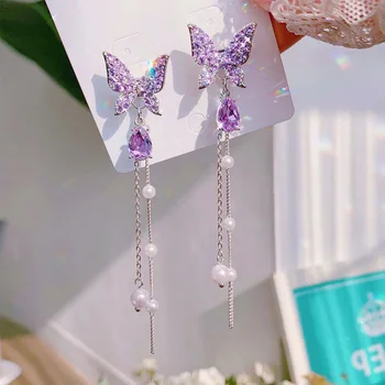 Yeni Kore Moda Mor Kristal Kelebek Damla Küpe Kadınlar için İmitasyon İnci Püskül Zincir yapay elmas küpe Takı Hediye