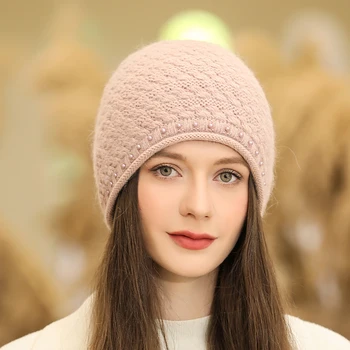 Yeni Kış Şapka Sokak Moda Tavşan Kürk Karışımı Rüzgar Geçirmez Kalın Sıcak bere şapka Kadınlar İçin Zarif İnci Dekorasyon Örme Şapka