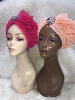 Yeni Moda Afrika Kaput Şapka NET Türban Kadınlar İçin Müslüman Örgüler Headwrap Kadın başörtüsü Türban Kap Kristal Broş