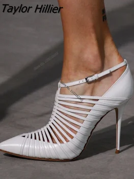 Yeni Moda Sivri Burun Kesme Pompaları Sandalet Seksi Stiletto Toka Kayış Beyaz Yüksek Topuklu Parti Düğün kadın ayakkabısı Gladyatör