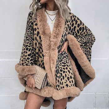 Yeni Rahat Leopar Renk Pelerinler Pançolar Kadın Kış Faux Kürk Yaka Kalın Sıcak Örme Palto Ceket Kadın Dış Giyim Triko