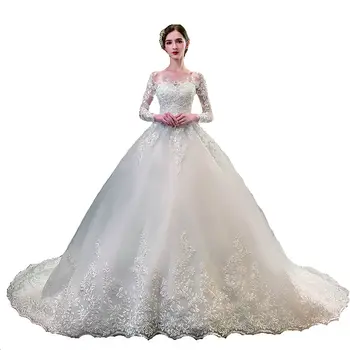 Yeni Romantik Tatlı Zarif Lüks Uzun Dantel Prenses düğün elbisesi Kollu Aplikler Ünlü gelin kıyafeti Vestidos De Noiva