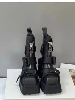 Yeni Stil Botas Kare Ayak Botines Kalın Alt Ön Fermuar yarım çizmeler Kemer Tokası Chelsea Çizmeler Kadın Rahat Kış Ayakkabı