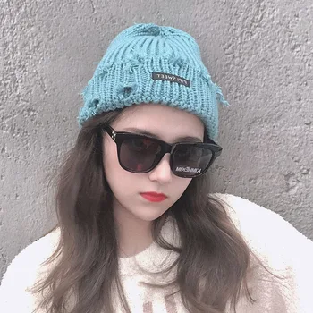 Yeni Sıcak Gelmesi Sonbahar Kış Moda Kırık Delik Sokak Eğilim Soğuk Rüzgar Geçirmez Çok Renkli Kadın Erkek Kafatası Bonnet Örme Şapka