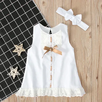 Yenidoğan Bebek Kız Elbise Yaz Sevimli Yay Kolsuz Prenses Parti Doğum Günü Dantel Elbise + Kafa Bandı 2 Adet Çocuklar Yürümeye Başlayan Giysi A405
