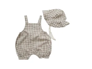 Yenidoğan Bebek Sevimli Set Erkek Aslan T-shirt + Toddler Moda Ekose Sling Tulum + Kız Güneş Koruma balıkçı Şapkası 3 adet Takım Elbise