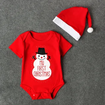 Yenidoğan Bebek Çocuk Kız Erkek Merry Christmas Bodysuit + Şapka Noel Baba ve kar taneleri Tulum Kıyafet Seti DS9