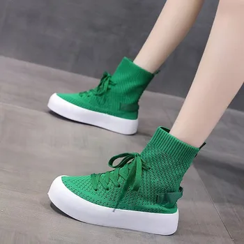 Yeşil Örgü Elastik Örgü Çizmeler Kadın 2021 Sonbahar Platformu üzerinde Kayma yarım çizmeler Kadın için Kalın Alt Nefes Çorap Ayakkabı