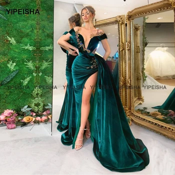 Yipeisha Dubai Akşam Elbise Sheer Boyun Yüksek Yarık Zümrüt Yeşil Kadife Resmi Elbise Arapça Mermaid Balo Parti Kıyafeti abendkleider