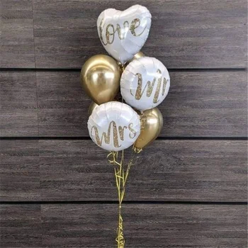 Yuvarlak Beyaz Altın Glitter Baskı Mr & Mrs AŞK Folyo Balonlar Düğün dekorasyon gelin olmak evlilik sevgililer Günü Hava Globos