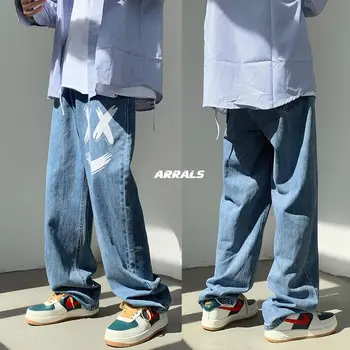 Yüksek sokak pantolon erkek Amerikan hip-hop gevşek düz kot y2k retro baskı hip-hop yıkanmış geniş bacak paspas pantolon