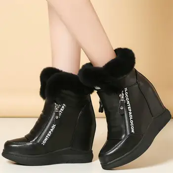 Yüksek Top Moda Ayakkabı Kadın Hakiki Deri Takozlar Yüksek Topuk vulkanize ayakkabı Kadın Kış sıcak Punk Eğitmenler rahat ayakkabılar