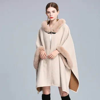 Yün Ceket Kadın Sonbahar Kış Kürk Panço Pelerinler Hoodie Yeni Sıcak Pelerin Bej Gevşek KnitSweater Lady Zarif Parti Akşam elbise
