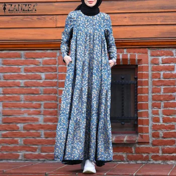 ZANZEA Kadınlar Vintage Çiçekli Baskılı Maxi Elbise Sonbahar Baggy Kaftan Türkiye Abaya Başörtüsü Elbise Robe Müslüman Dubai Kaftan uzun elbise