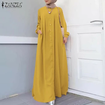 ZANZEA Sonbahar Kadınlar Uzun Kollu Sundress Vintage Başörtüsü Müslüman Elbise Rahat İslam Giyim Kaftan Elbise Maxi uzun elbise Kaftan