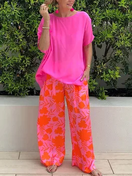 ZANZEA Yaz Bohemian Çiçek Baskılı Geniş Bacak Pantolon Setleri Moda 2 adet Kadınlar Casual Plaj Eşleşen Setleri Gevşek Eşofman Kıyafetler