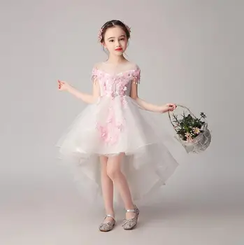 Zarif Kız Çocuk düğün elbisesi Pembe İlk Communion Örgün Uzun Dantel Prenses Balo Elbise Parti için Çiçek kadın kostümü