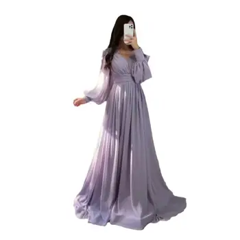 Zarif V Yaka Kabarık Kollu Resmi A-Line şifon gece elbisesi İmparatorluğu Parti Elbise Kadınlar için Uzun balo elbisesi 2022
