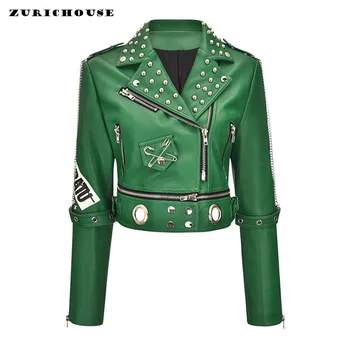 ZURICHOUSE Steampunk Perçin Yeşil PU Deri Ceket Kadın İnce Kısa Streetwear Yaka Fermuar Baskı Lokomotif Ceket Mujer