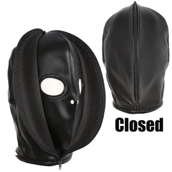 Çift katmanlı Deri Fermuar Kapalı Seks kaput maskesi Tam Kafa Esaret Koşum Köle Açık Göz Maskesi Solunum Deliği Maskeleri SM Oyuncaklar