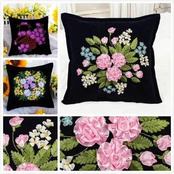 Çiçek Şerit Nakış Siyah Yastık Yastık Dava Needlework Arası Dikiş Kitleri El Yapımı Zanaat Dikiş Ev Dekor Kapak Kitleri