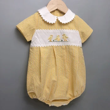 Çocuk Butik Giyim Yaz Bebek Erkek Kız Kısa Kollu Sarı Ekose İşlemeli Civciv Pamuk Kabarcık Romper Sevimli Kıyafet