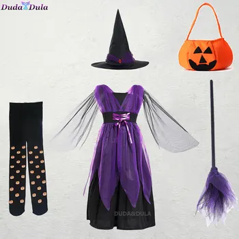 Çocuk Cadı Cadılar Bayramı Kostüm Kızlar için Sihirli Elbise Tutu Elbise Şapka ve Süpürge ile Çocuklar Cosplay Karnaval fantezi parti elbiseleri