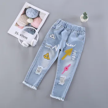 Çocuk Kot Kızlar için 2021 Moda Rahat Çocuk Giyim Delik Yırtık Kot Pantolon Grafiti Boyama Baskılı Pantolon 2 3 6 Yıl
