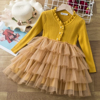 Çocuklar Prenses Parti Elbiseler Kızlar için Sonbahar Kış Uzun Kollu Çocuk rahat elbise Kıyafet Bebek Kız Doğum Günü Tül Tutu elbise