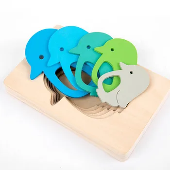 Çok Katmanlı Ahşap Bulmaca Oyuncaklar Çocuk Montessori Oyuncaklar Çocuklar Hayvan 3D Bulmaca Oyunu Eğitici Tavşan Fil yap-boz Hediye