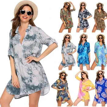 Çok Renkli Yeni Kadın Rahat Gevşek Mayo Elbise Yaka Baskılı Desen Yarım Kollu Gömlek Plaj Baskı Bluz plaj elbisesi