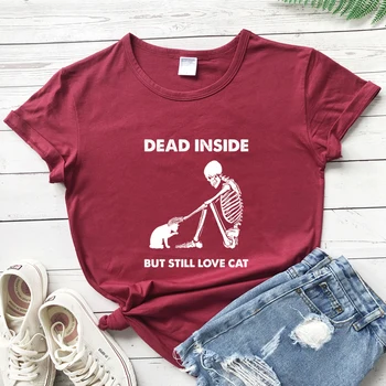 Ölmüş Ama Hala Kedi T-shirt Estetik İskelet Ve Kedi Goth Tshirt Komik Kedi Anne Hediye Tişört Üst Aşk