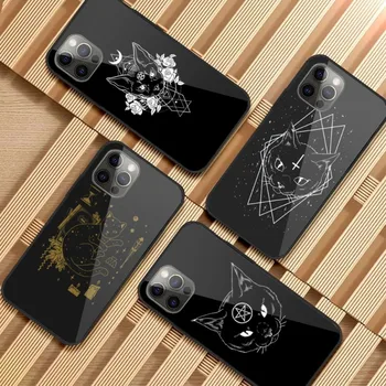 Ölüm Cadılar Ay Kedi Tarot Telefon Kılıfı için iPhone 13 12 11 XS X 8 7 6 Artı Mini Pro Max SE 2022 Siyah PC TPU Cam Telefon Kapağı