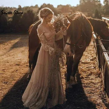 Ülke Boho Şampanya Gelinlik Seksi V Boyun Uzun Kollu Dantel Bohemian düğün elbisesi Hippi Flowy Tül gelinlik 2020