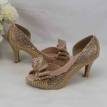 Şampanya Altın İnci Gelin Düğün ayakkabı eşleşen çanta ile kadın Burnu açık parti elbise ayakkabı platform ayakkabılar ve çanta