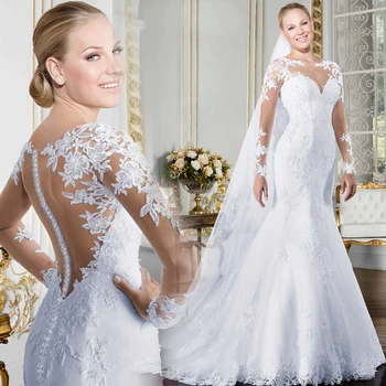 Şeffaf O-Boyun Uzun Kollu Mermaid düğün elbisesi 2022 Yeni See Through Illusion Geri Beyaz Fildişi gelinlikler Dantel Aplikler ile