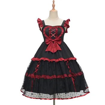 готический стиль Lolita Elbise papyon Bahar Koyu Kırmızı Üç Aşamalı Askı Uzun Kollu Cosplay Parti Gotik Lolita Kostüm